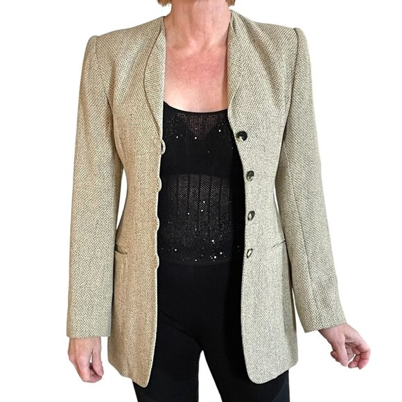 Vintage Linen Blend Womens Tweed Blazer Sz 2 Y2K Unique 4 Button Detail - Picture 2 of 10